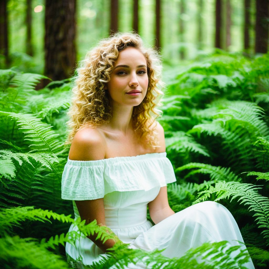 Woman in White Dress Among Ferns in Forest