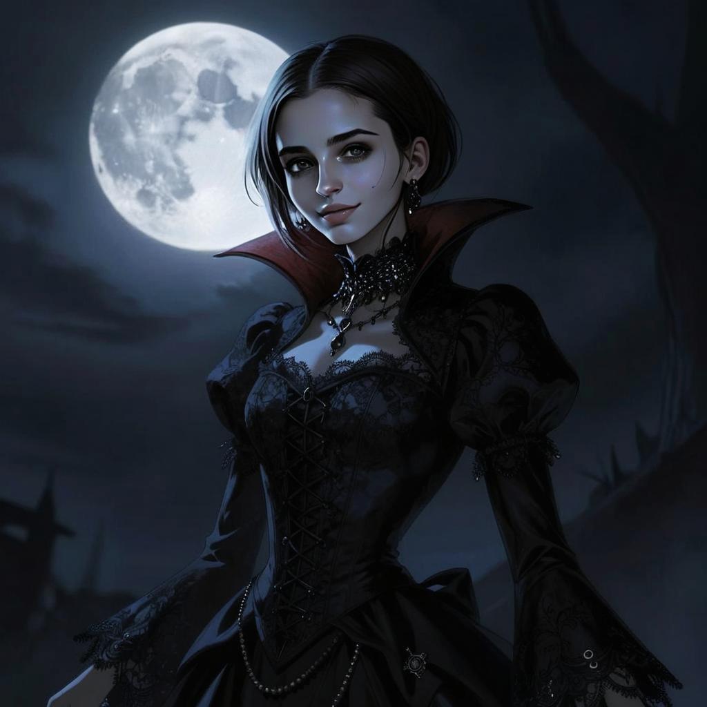Gothic Victorian Woman in Black Dress Under Full Moon