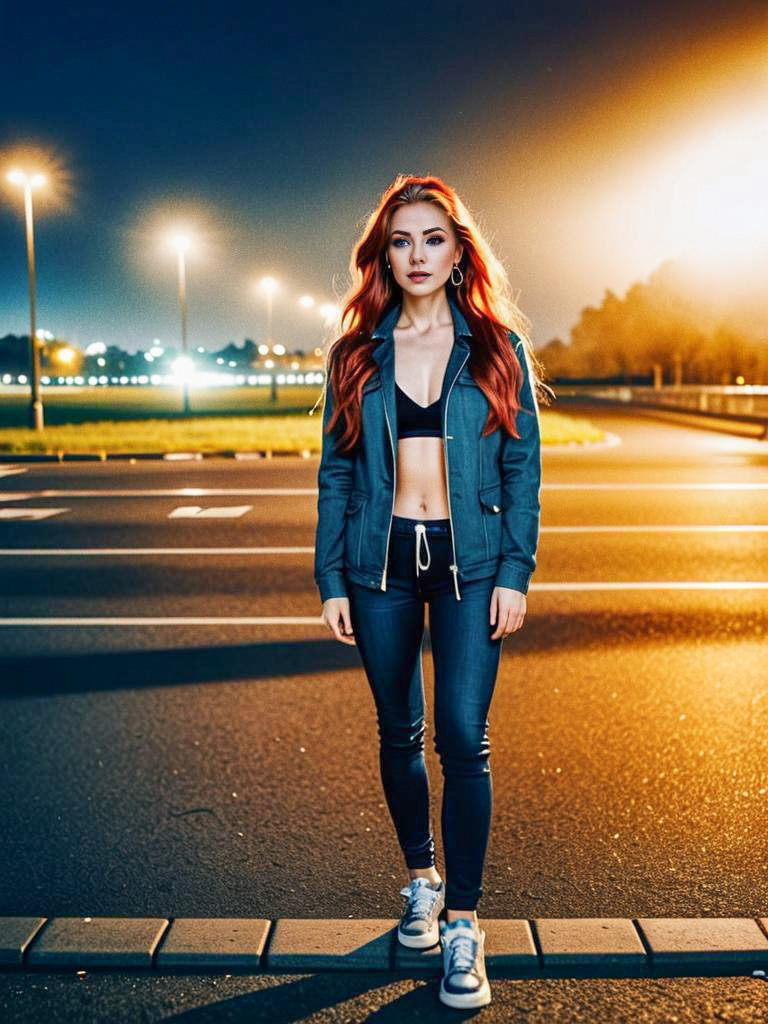 Stylish Woman on Dimly Lit Road at Night