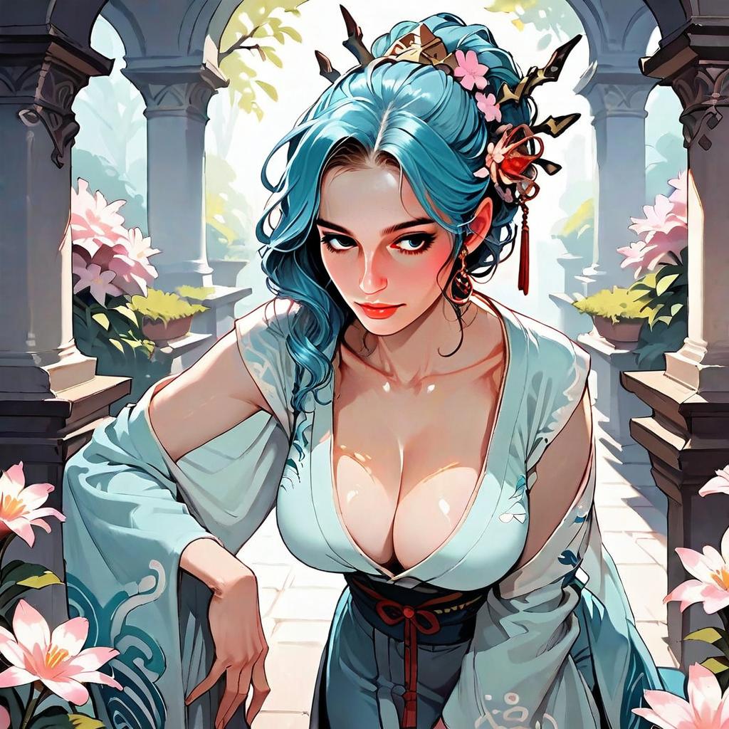 Anime Style Blue-Haired Woman in Traditional Attire Garden Setting