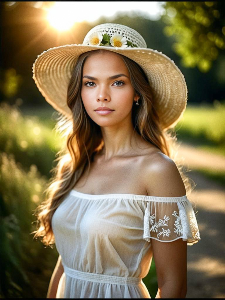 Young Woman in White Dress with Straw Hat in Golden Hour Young Woman in White Dress with Straw Hat in Golden Hour