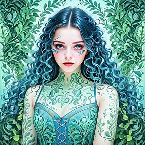 Woman with Blue Hair and Leafy Tattoos