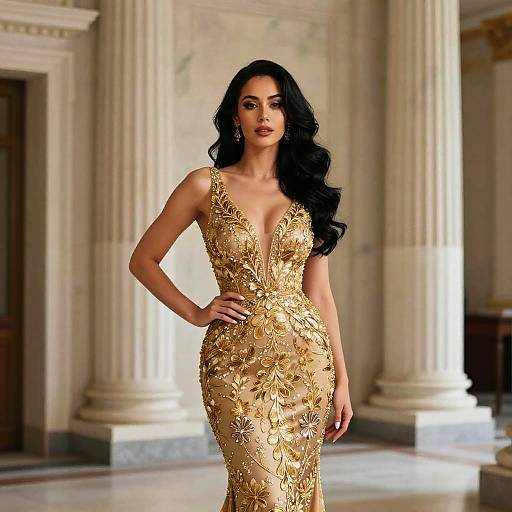 Elegant Woman in Gold Floral Embroidered Evening Gown