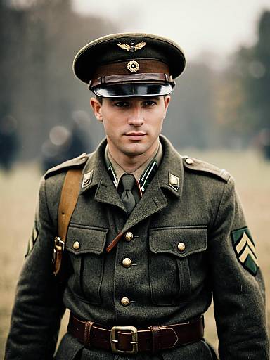 Man in Vintage Army Bullet Belt Military Uniform with Hat