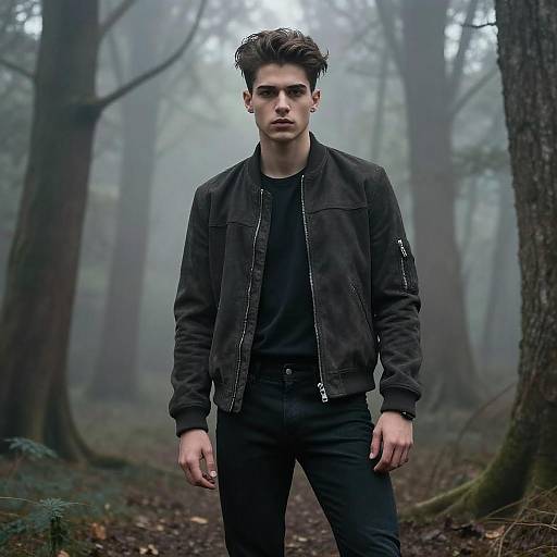 Gen Z Young Man in Dark Bomber Jacket Standing in Misty Forest