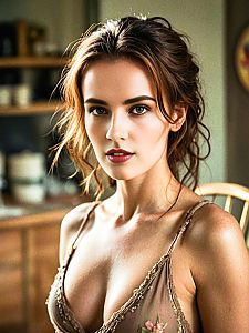 Close-up portrait of a young woman with wavy brown hair