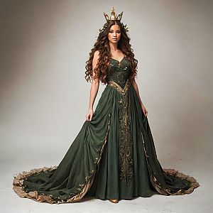 Elegant Woman in Dark Green Gown with Gold Embroidery