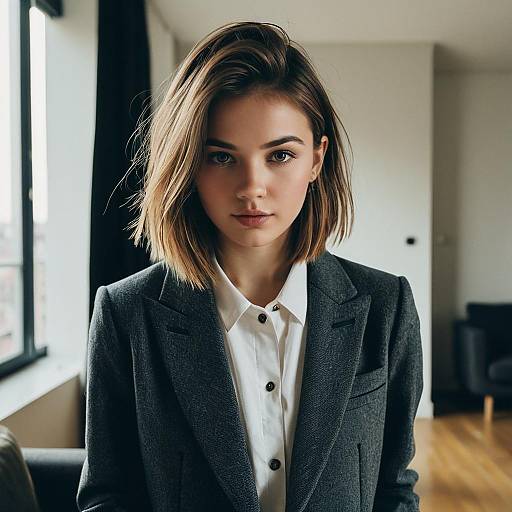 Young Professional Woman in Grey Blazer Indoors