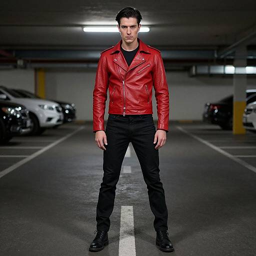 Man in Red Leather Biker Jacket Standing in Parking Garage