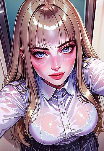 Anime Style Portrait of Blonde Woman with Blue Eyes in Glossy White Blouse