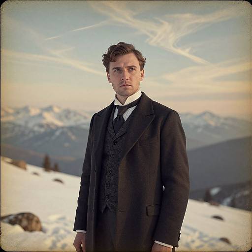 Vintage Styled Man in Formal Coat Standing in Snowy Mountain Landscape