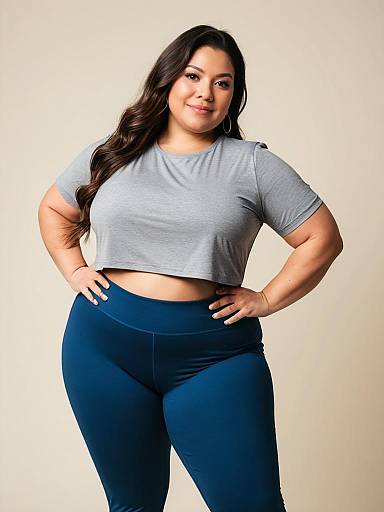 Plus Size Fitness Clothes Woman in Gray Crop Top and Blue Leggings