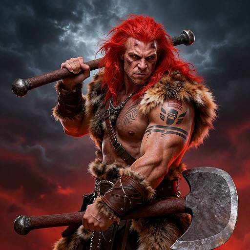 Fierce Red-Haired Warrior Man with Axe and Tribal Tattoos