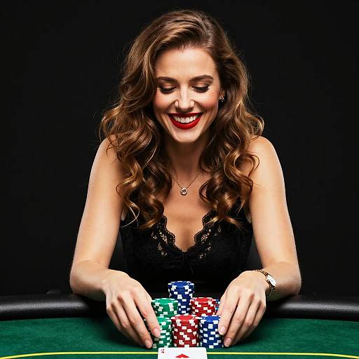 Confident Woman Playing Poker with Colorful Chips at Casino Table