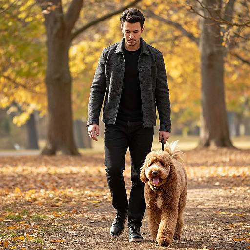 Man Walking Dog in Autumn Park Covered with Fallen Leaves