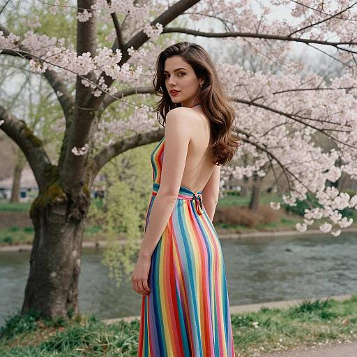 Woman in Rainbow Striped Dress by Cherry Blossom River
