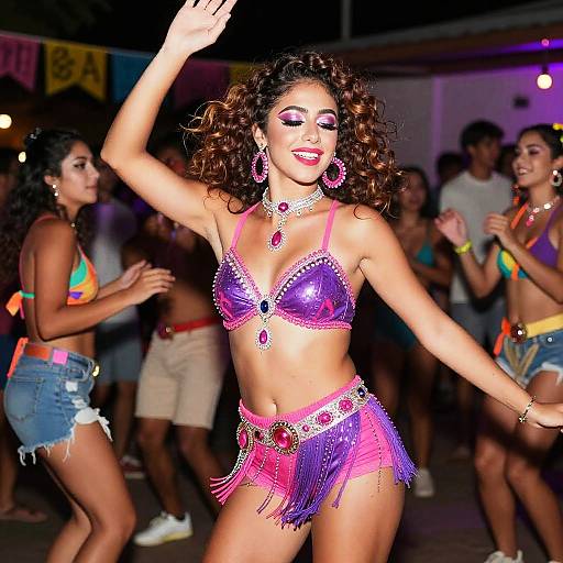 Energetic Woman Dancing in Vibrant Purple and Pink Festival Outfit