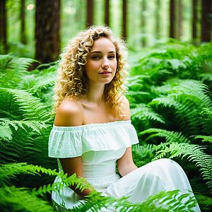 Woman in White Dress Among Ferns in Forest