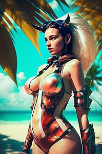 Woman in Futuristic Armor on Tropical Beach