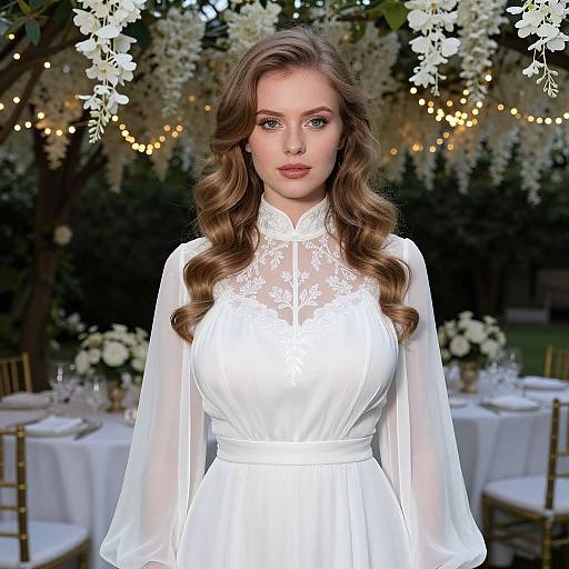 Elegant Vintage Style Bride in White Lace Wedding Dress Outdoors