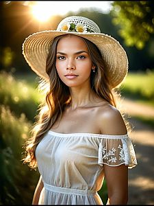 Young Woman in White Dress with Straw Hat in Golden Hour