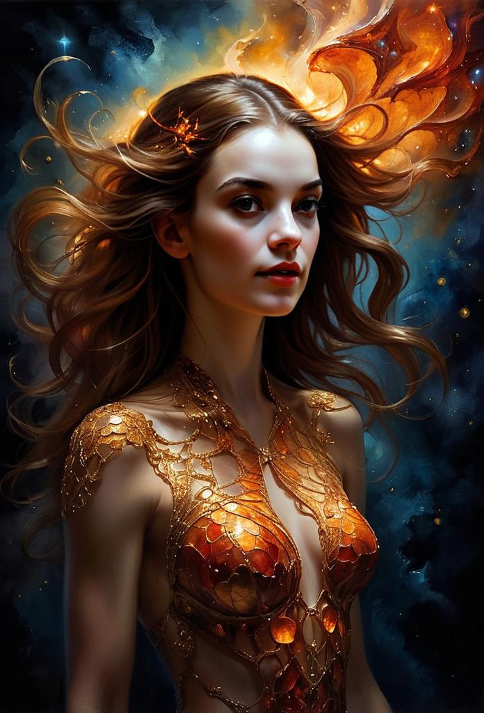 Fantasy Digital Art of Woman in Glowing Orange Gold Lace Dress with Cosmic Background