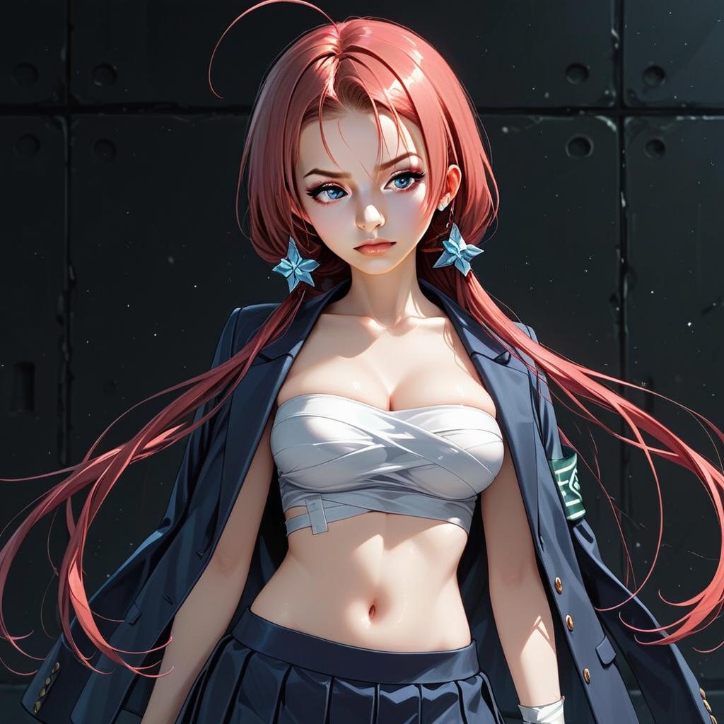 Anime Style Illustration of Pink-Haired Woman in Blue Blazer and Bandeau Top