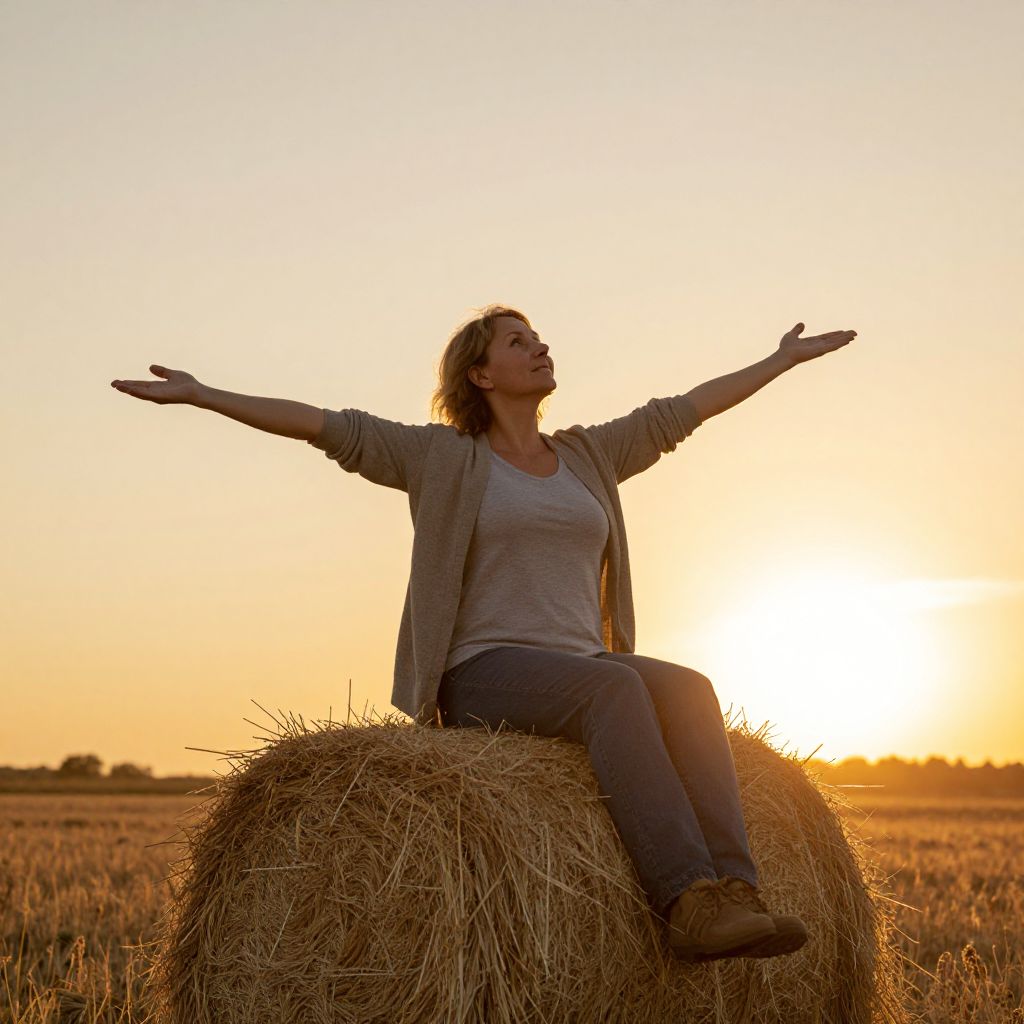 Woman Sitting on Hay Bale at Sunset in Field