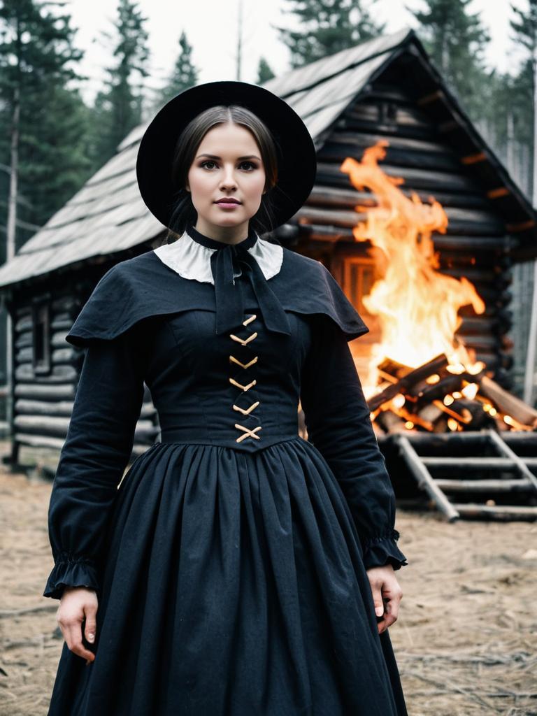 Woman in Traditional Puritan Dress by Cabin with Fire in Forest