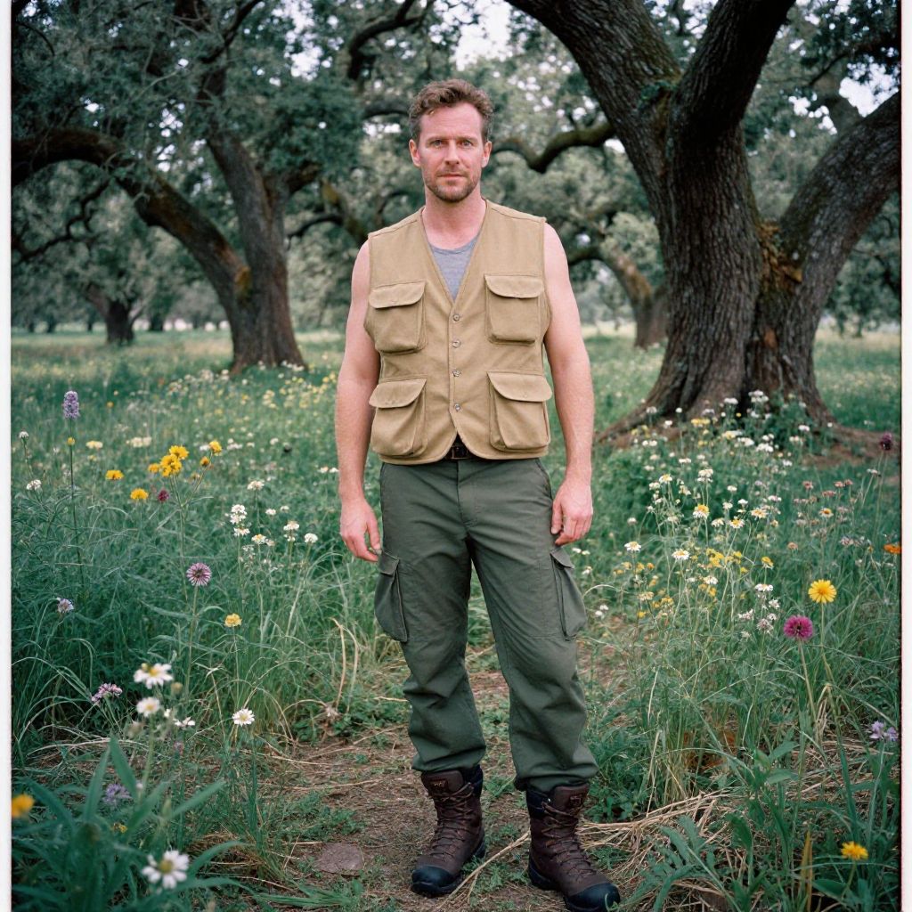 Man in Outdoor Adventure Gear Standing in Wildflower Meadow