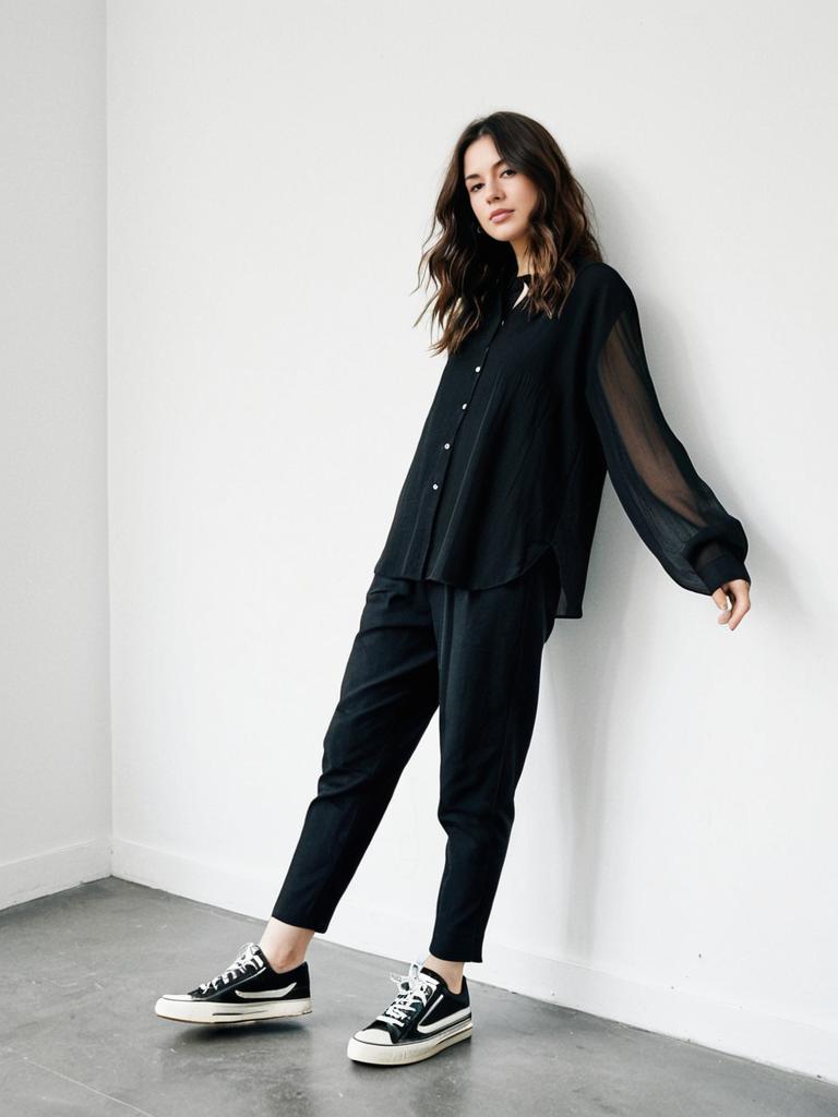 Woman in Contemporary Casual Black Layered Sheer Sleeve Blouse and Pants