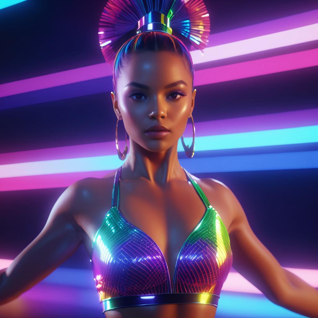 Confident Woman in Colorful Top Under Neon Lights