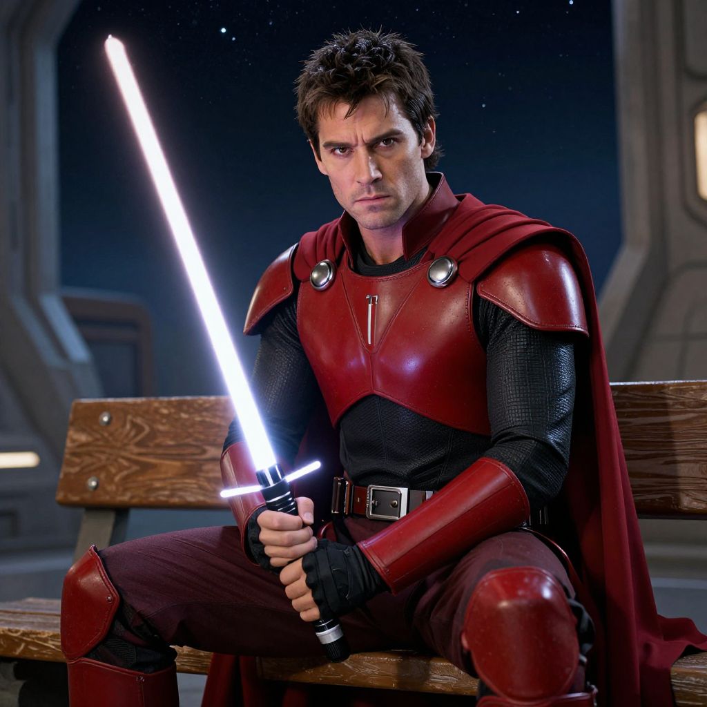 Man in Red Sci-Fi Armor Holding White Lightsaber on Bench