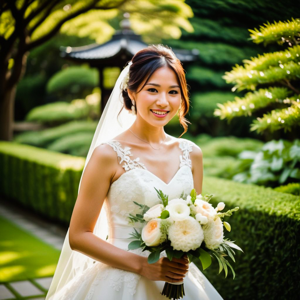 Radiant Bride in Garden with Bouquet