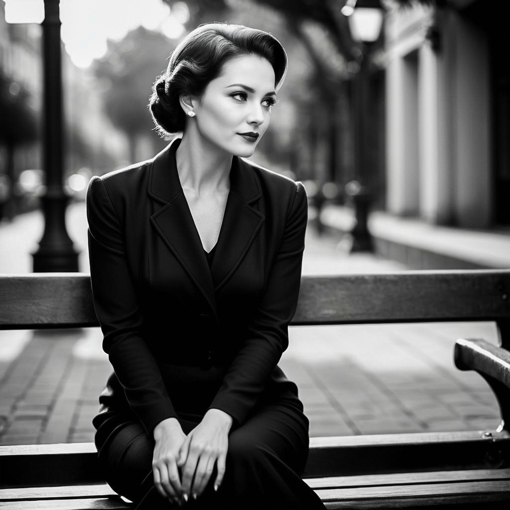 Stylish Woman in Black Outfit on Urban Bench Stylish Woman in Black Outfit on Urban Bench