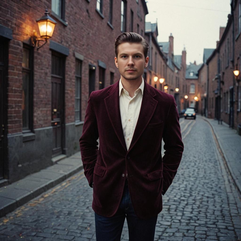 Stylish Man in Burgundy Blazer on Cobblestone Street