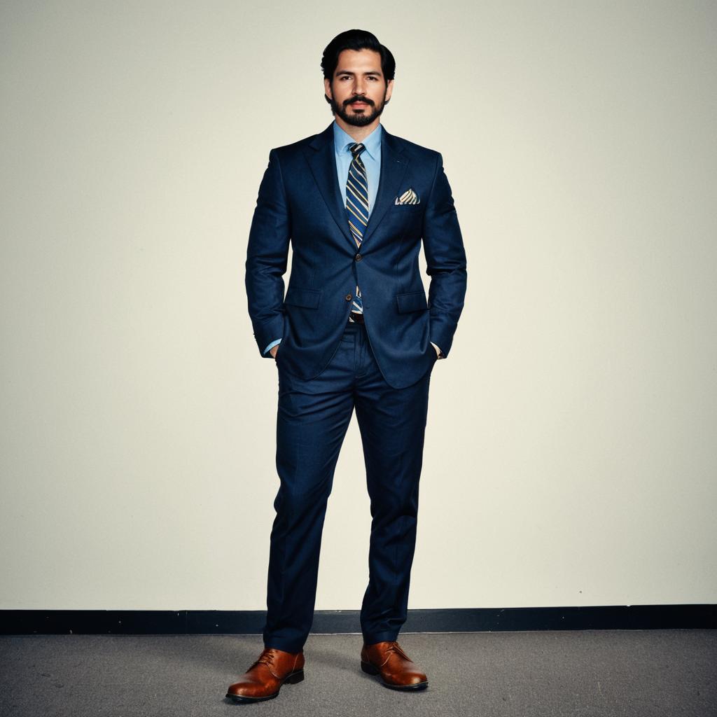 Confident Man in Navy Blazer and Striped Tie