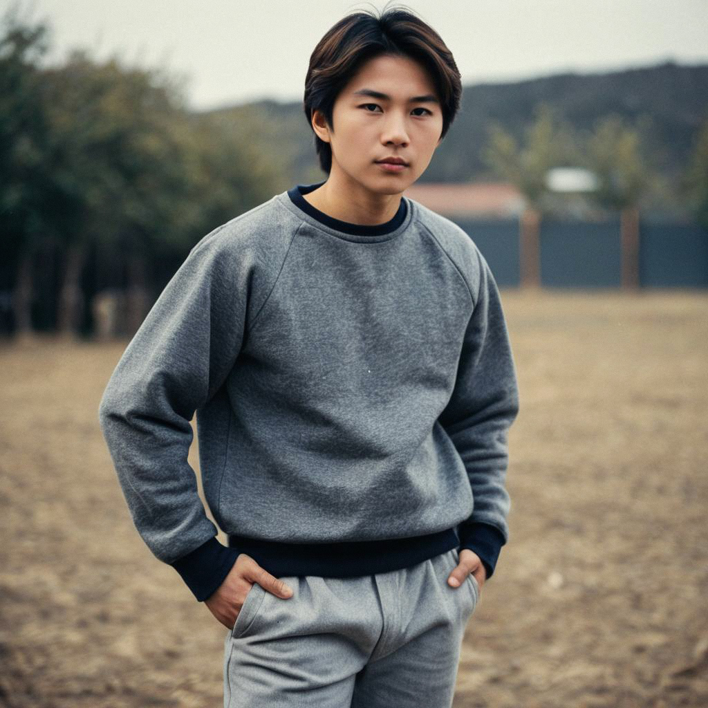 Young Man in Casual Grey Outfit Outdoors