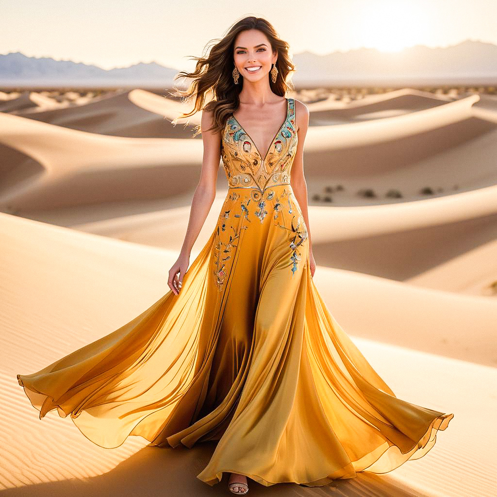 Elegant Woman in Golden Gown in Desert