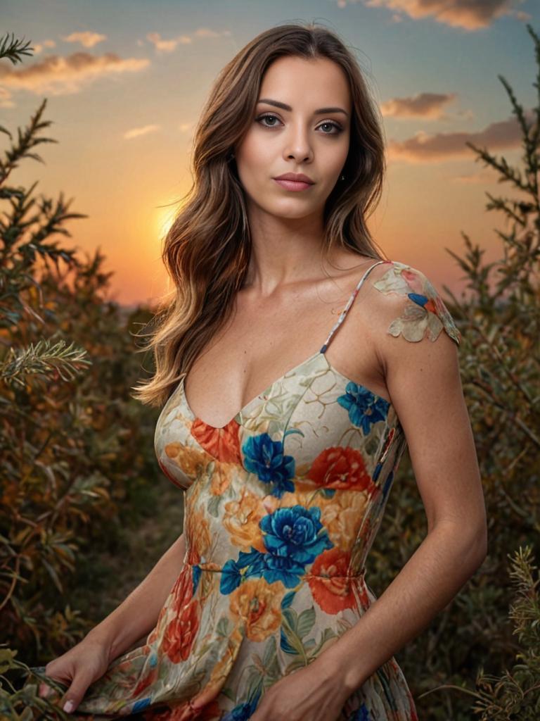 Bohemian Chic Woman in Floral Print Dress at Sunset