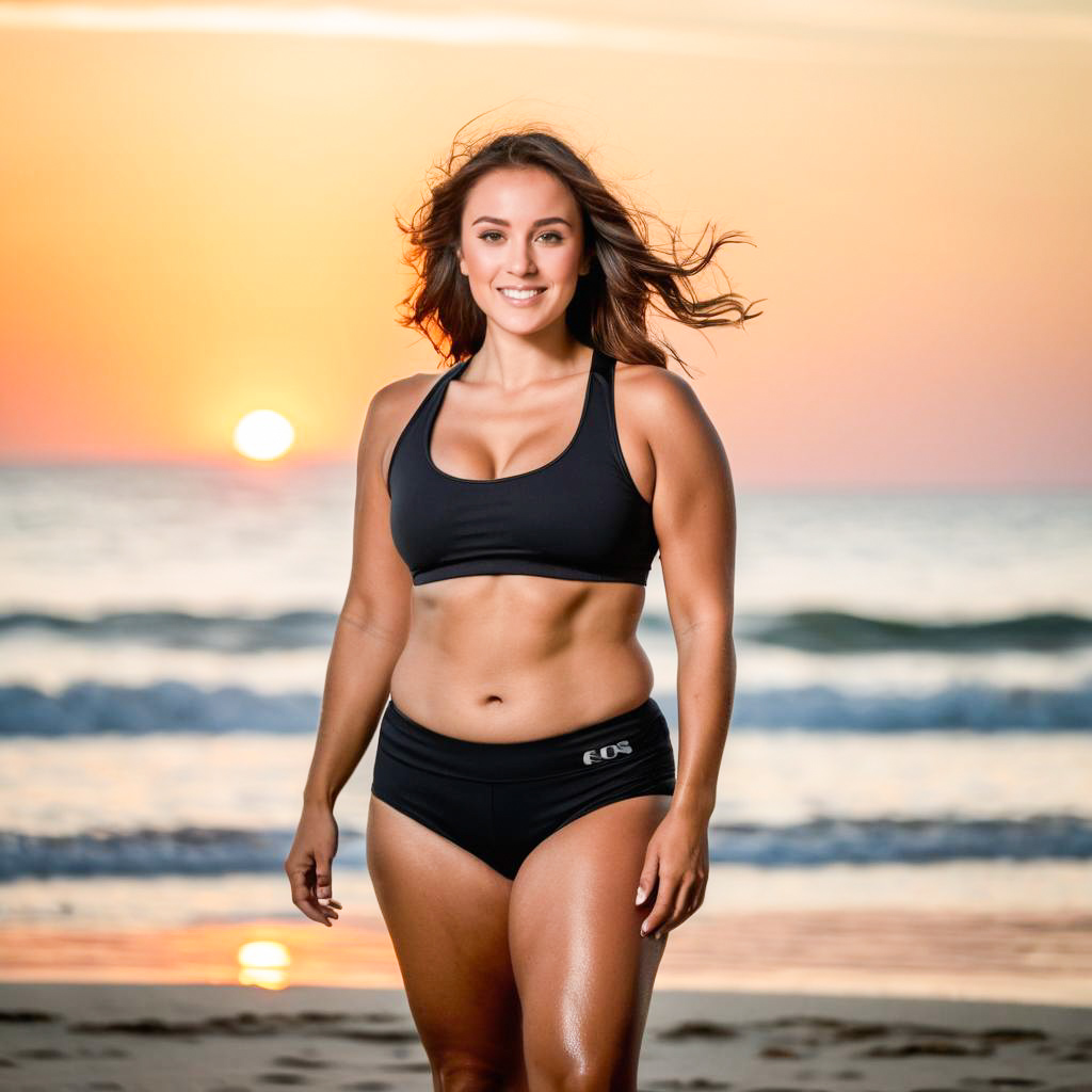 Confident Woman on Beach at Sunset Confident Woman on Beach at Sunset