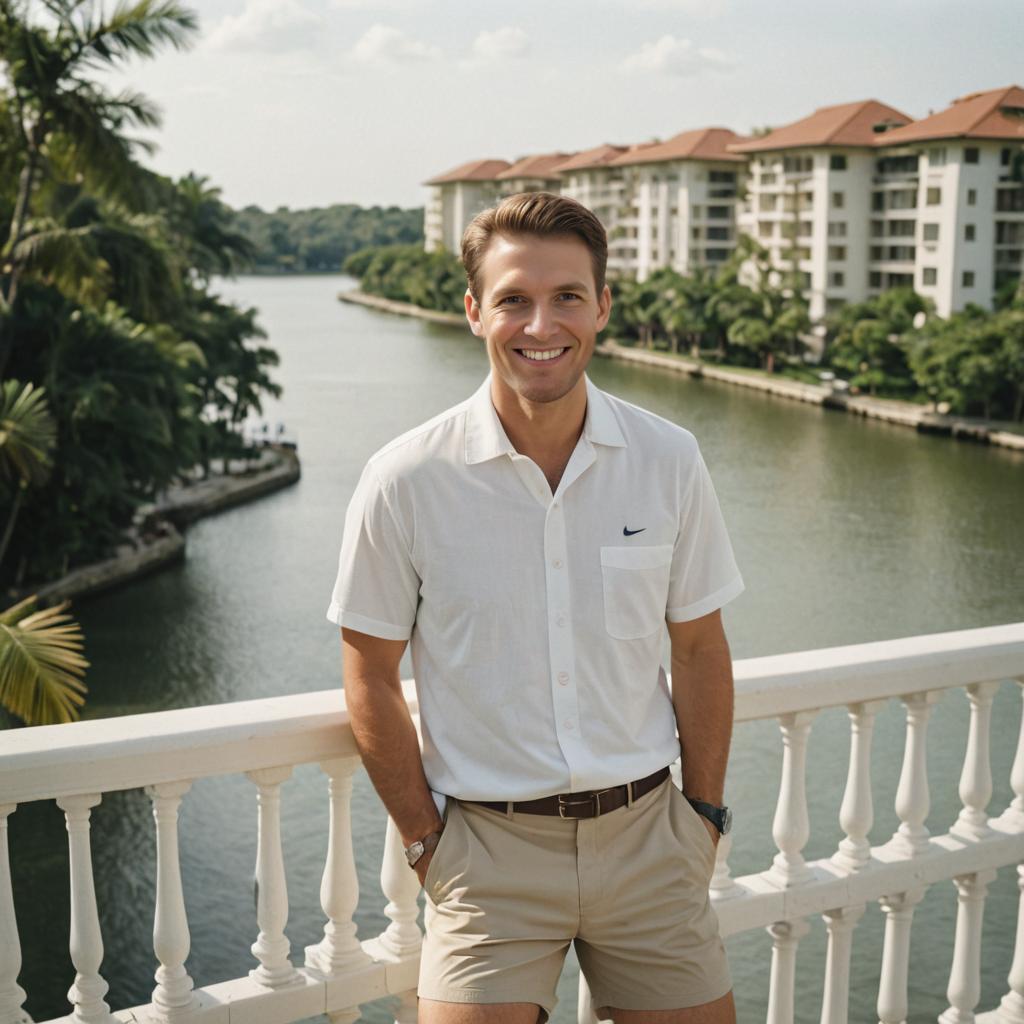 Cheerful man on balcony overlooking waterfront