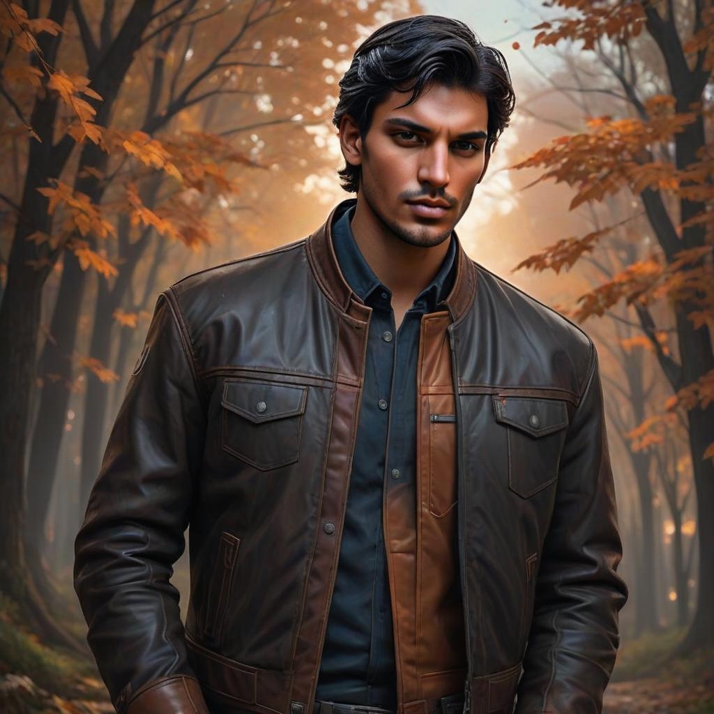 Young Man in Leather Jacket in Autumn Forest Young Man in Leather Jacket in Autumn Forest