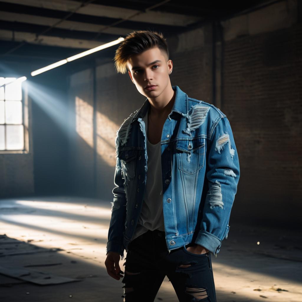 Confident Young Man in Denim Jacket in Abandoned Warehouse