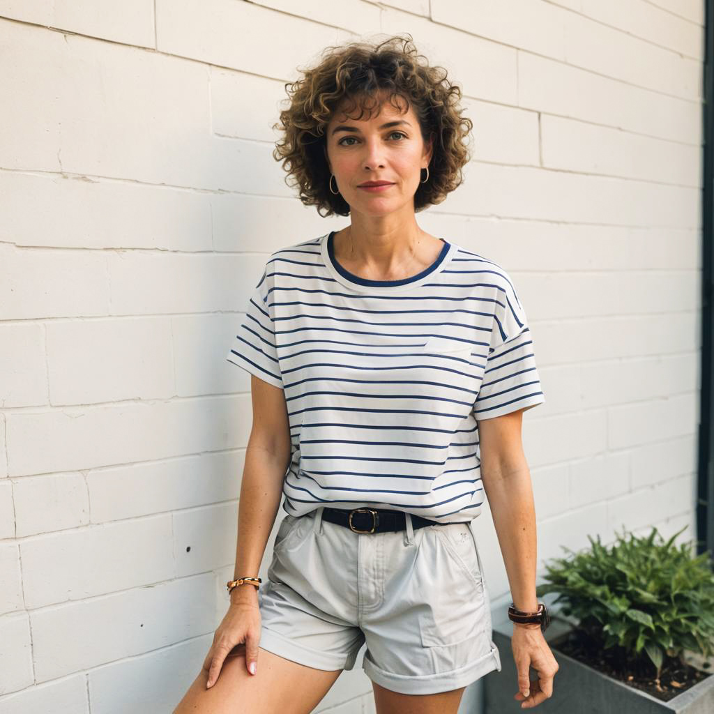 Stylish Woman in Striped T-Shirt Against White Brick Wall