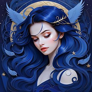 Serene Woman with Blue Hair and Wings