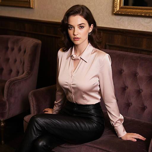 Slim Woman in Vintage Style Wearing Light Pink Silk Blouse and Black Leather Pants