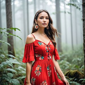 Woman in Red Dress in Misty Forest