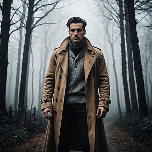 Confident Man in Misty Forest Path