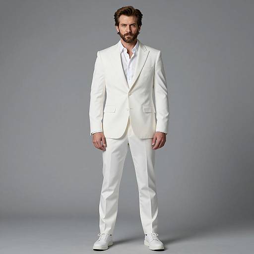 Man in White Suit with Sneakers Standing Against Gray Background